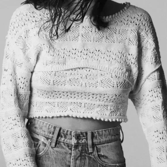 Zara Ivory Open Knit Crop Sweater W. Long Sleeves Size M - Picture 2 of 7